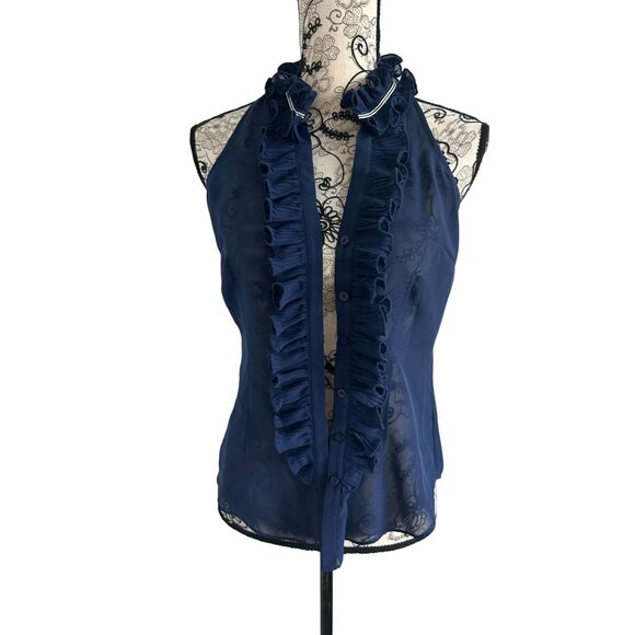 LILLY PULITZER Blue Sheer Ruffle Tank Top Blouse Size 6 - Picture 5 of 7